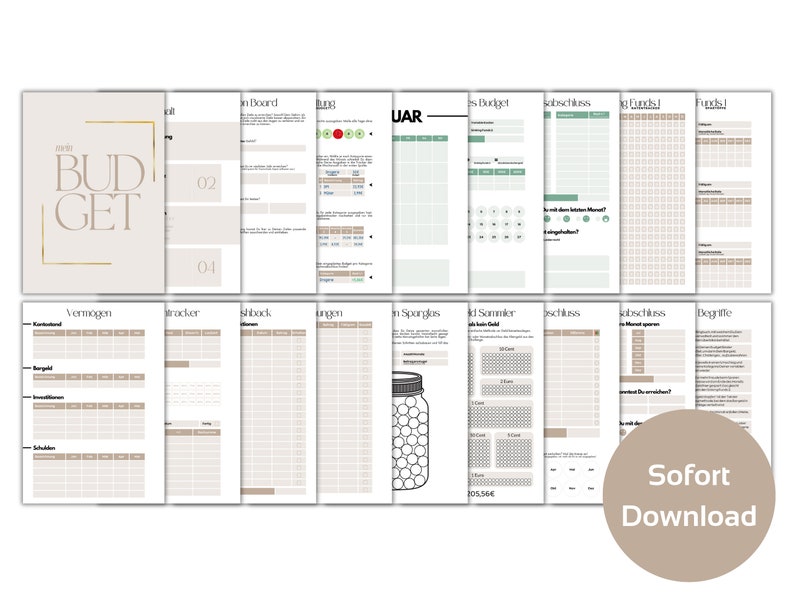 May include: A printable budget planner with a beige and green color scheme. The planner includes sections for tracking income, expenses, savings, and goals. The title of the planner is "mit BUDGET".
