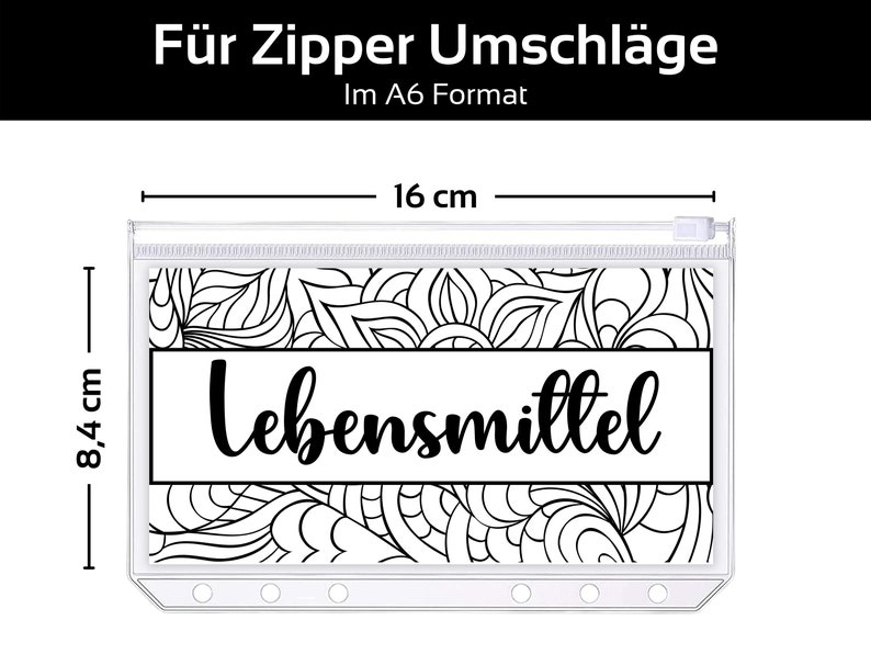 May include: Clear plastic zipper pouch, 16 cm wide and 8.4 cm high, with a decorative black and white floral pattern. The pouch has the word "Lebensmittel" in a white rectangle.