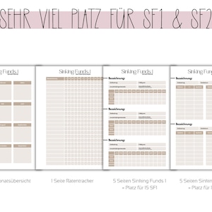 May include: A set of printable financial planning pages with the text "SEHR VIEL PLATZ F&Uuml;R SF1 & SF2". The pages include monthly overviews, rate trackers, and sinking funds trackers. The pages are in a neutral color palette.