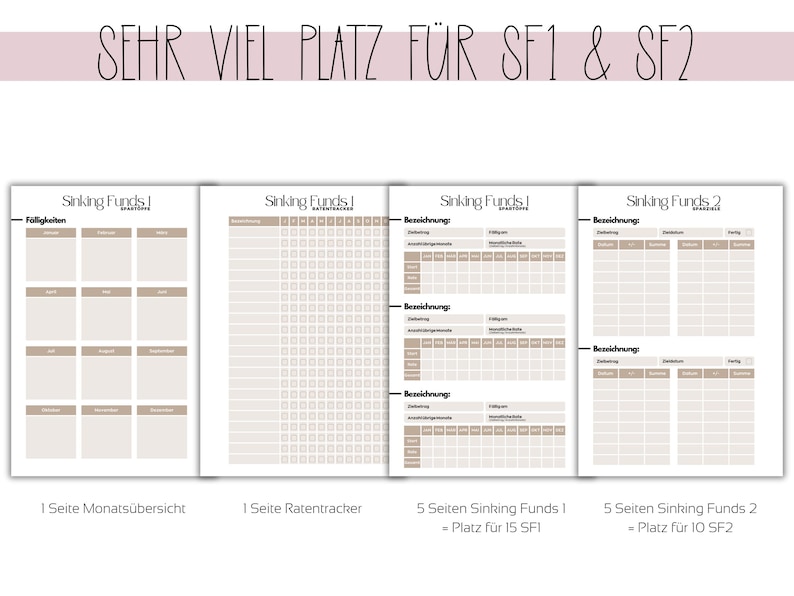 May include: A set of printable financial planning pages with the text "SEHR VIEL PLATZ F&Uuml;R SF1 & SF2". The pages include monthly overviews, rate trackers, and sinking funds trackers. The pages are in a neutral color palette.