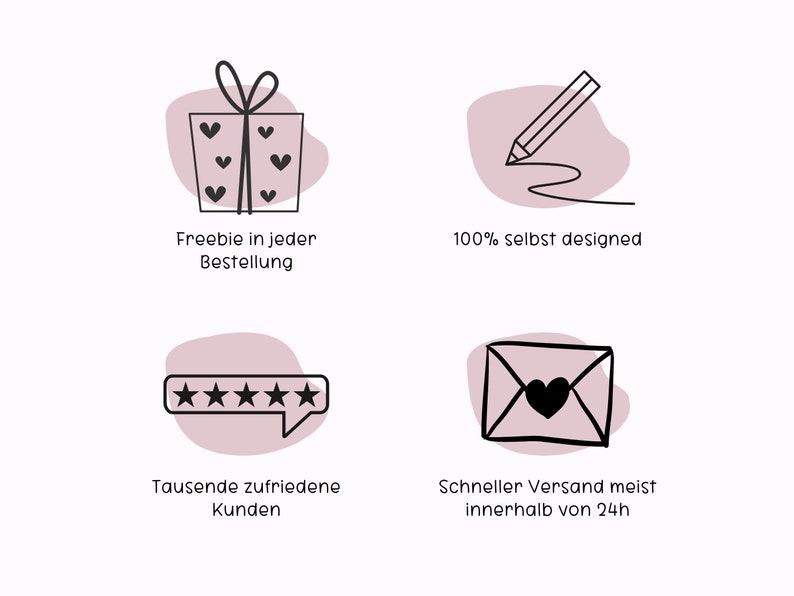 May include: Four icons with pink backgrounds and black outlines. The first icon shows a gift box with a bow and hearts. The text below reads "Freebie in every order". The second icon shows a pencil drawing a line. The text below reads "100% self designed". The third icon shows a speech bubble with five stars. The text below reads "Thousands of satisfied customers". The fourth icon shows an envelope with a heart. The text below reads "Fast shipping, usually within 24 hours".