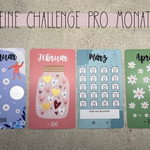 May include: Four colourful cards with different designs for a monthly challenge. The cards are labelled "January", "February", "March", and "April". Each card has a different design and a price of 30 euros.