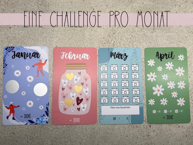 May include: Four colourful cards with different designs for a monthly challenge. The cards are labelled "January", "February", "March", and "April". Each card has a different design and a price of 30 euros.