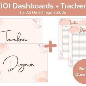 Puede incluir: Paneles y rastreadores imprimibles digitales con el texto "101 Dashboards + Tracker" y "für A5 Umschlagmethode". El diseño presenta una paleta de colores suaves con acentos florales y las palabras "Tanken" y "Drogerie".