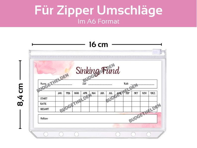 May include: A clear plastic zippered pouch with a white sheet inside. The sheet has a pink watercolour background and the text "Sinking Fund" in brown. The sheet is divided into a grid with columns for each month of the year and rows for "Start", "Rate", and "Gesamt". The pouch measures 8.4 cm by 16 cm.