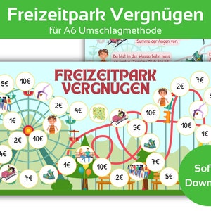 Gioco di risparmio divertente per parchi di divertimento, set di sfide di risparmio, luna park, modello di gioco di risparmio con dadi incluso tracker, sfida di risparmio A6 con cerniera | Download PDF
