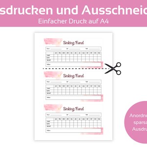 May include: Printable sinking fund tracker with three pages. Each page has a pink watercolour background with the text "Sinking Fund" at the top. The pages are designed to be cut apart for easy use.