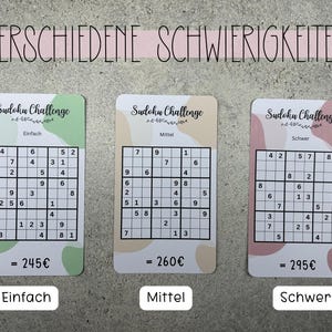 May include: Three Sudoku puzzle cards with different difficulty levels: easy, medium, and hard. Each card has a green, beige, or pink background with a floral design and a price listed below the puzzle. The text "Sudoku Challenge" is printed at the top of each card.