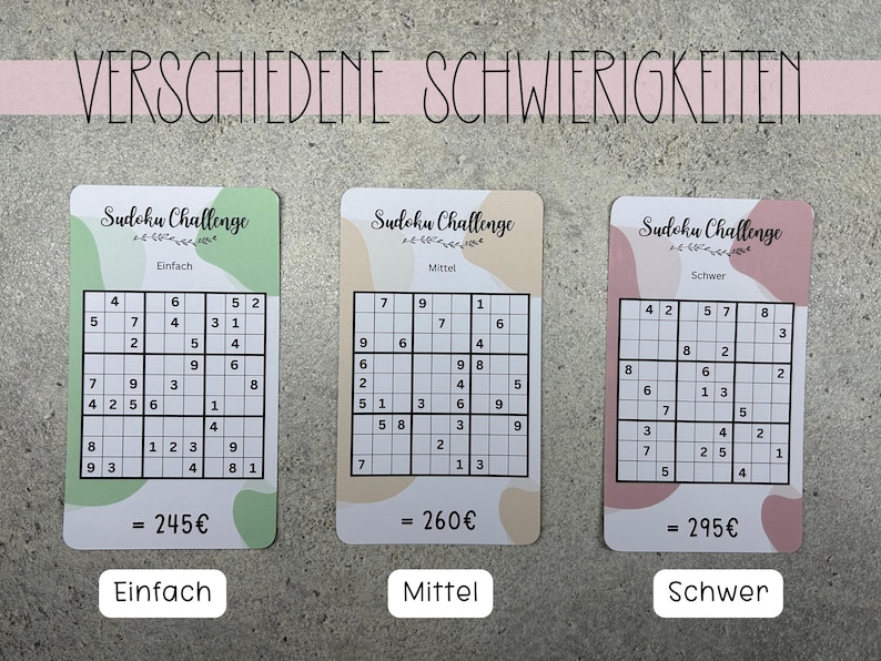 May include: Three Sudoku puzzle cards with different difficulty levels: easy, medium, and hard. Each card has a green, beige, or pink background with a floral design and a price listed below the puzzle. The text "Sudoku Challenge" is printed at the top of each card.