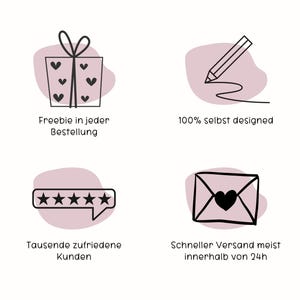 May include: A graphic with four icons and text. The icons include a gift box with hearts, a pencil, a speech bubble with stars, and an envelope with a heart. The text reads: "Freebie in jeder Bestellung", "100% selbst designed", "Tausende zufriedene Kunden", and "Schneller Versand meist innerhalb von 24h".