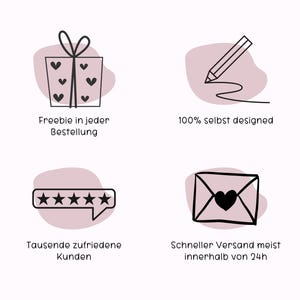 May include: Four illustrations with pink backgrounds and black outlines. The first shows a gift box with hearts, the second shows a pencil drawing a line, the third shows five stars in a speech bubble, and the fourth shows an envelope with a heart. The text below the illustrations reads: "Freebie in every order", "100% self designed", "Thousands of satisfied customers", and "Fast shipping usually within 24 hours".