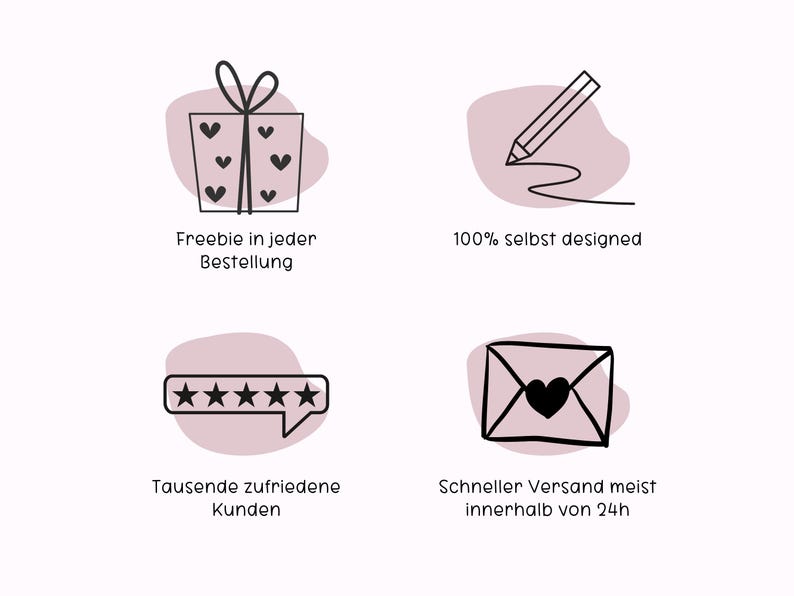 May include: Four illustrations with pink backgrounds and black outlines. The first shows a gift box with hearts, the second shows a pencil drawing a line, the third shows five stars in a speech bubble, and the fourth shows an envelope with a heart. The text below the illustrations reads: "Freebie in every order", "100% self designed", "Thousands of satisfied customers", and "Fast shipping usually within 24 hours".