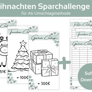 May include: A printable Christmas savings challenge set with three different designs: a reindeer, a Christmas tree, and a stack of presents. Each design has a total savings goal and a grid to track progress. The set also includes a printable tracker sheet for recording savings.