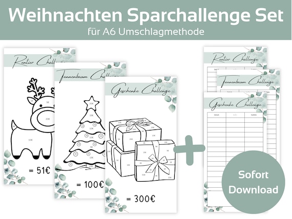 Ausmalchallenges Weihnachten Sparchallenges Set mit Tracker Budgeting | Eukalyptus für A6 Umschläge im Budget Binder, Digitaler PDF Download