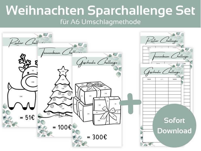 May include: A printable Christmas savings challenge set with three different designs: a reindeer, a Christmas tree, and a stack of presents. Each design has a total savings goal and a grid to track progress. The set also includes a printable tracker sheet for recording savings.