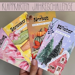 Pode incluir: Quatro cartões coloridos com ilustrações florais e da natureza. Cada cartão tem um título com o nome de uma estação e o texto "100€ Sparen". Os cartões são etiquetados como "Primavera", "Verão", "Outono" e "Inverno".