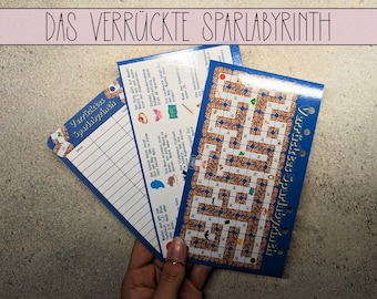 Pode incluir: Um tabuleiro de jogo azul e branco com o texto "DAS VERRÜCKTE SPARLABYRINTH" e "Verrücktes Sparlabyrinth". O tabuleiro de jogo é um labirinto com um caminho a seguir.