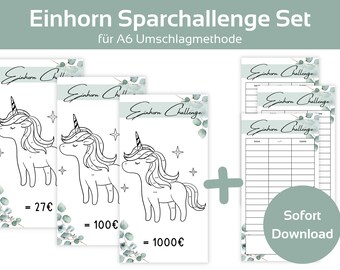 Desafío de ahorro de unicornio establecido con rastreador | Desafío de ahorro | Método de sobre de sobres A6 de eucalipto en carpeta de presupuesto | Descarga de PDF digitales