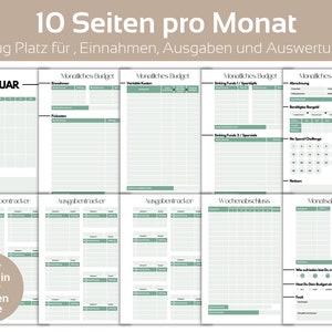 May include: A printable budget planner with 10 pages for tracking monthly income, expenses, and savings. The planner includes sections for a monthly budget, spending tracker, weekly summary, and monthly summary. The planner is designed to be used with different colors for each month.