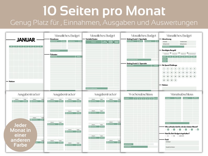 May include: A printable budget planner with 10 pages for tracking monthly income, expenses, and savings. The planner includes sections for a monthly budget, spending tracker, weekly summary, and monthly summary. The planner is designed to be used with different colors for each month.