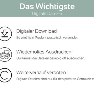 May include: A graphic with the text "Das Wichtigste" and "Digitale Dateien" in a light green box. The graphic lists three important points about digital files: digital download, repeated printing, and resale is prohibited. Each point is illustrated with a simple icon.