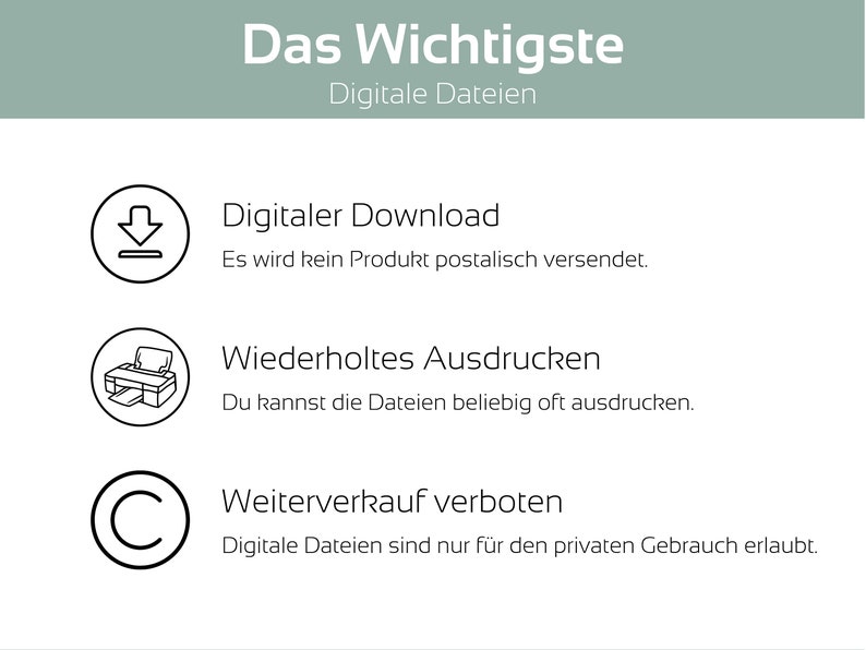 May include: A graphic with the text "Das Wichtigste" and "Digitale Dateien" in a light green box. The graphic lists three important points about digital files: digital download, repeated printing, and resale is prohibited. Each point is illustrated with a simple icon.