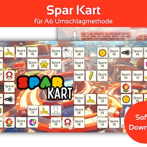 Può includere: Un tabellone di gioco colorato con un logo rosso, giallo, verde e blu che dice "Spar Kart". Il tabellone è composto da caselle con diverse somme di denaro scritte su di esse, come "Spare 1€" e "Spare 5€". Ci sono anche immagini di diversi oggetti sul tabellone, come una banana, un fantasma, una stella, un fungo e un razzo.