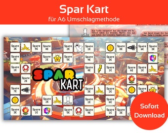 May include: A colourful game board with a red, yellow, green and blue logo that says "Spar Kart". The board is made up of squares with different amounts of money written on them, such as "Spare 1€" and "Spare 5€". There are also images of different items on the board, such as a banana, a ghost, a star, a mushroom and a rocket.