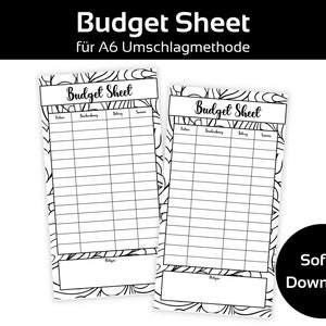 Könnte beinhalten: Zwei schwarz-weiße druckbare Haushaltsblätter mit dekorativem Rand. Jedes Blatt hat Spalten für Datum, Beschreibung, Betrag und Summe. Der Text "Budget Sheet" steht oben auf jedem Blatt. Der Text "für A6 Umschlagmethode" steht oben auf der Seite.