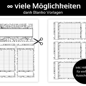 May include: Black and white printable planner pages with lined sections and decorative borders. The image includes text in German: "&infin; viele M&ouml;glichkeiten dank Blanko Vorlagen" and "Inkl. Hilfslinien f&uuml;r einfaches Ausschneiden."