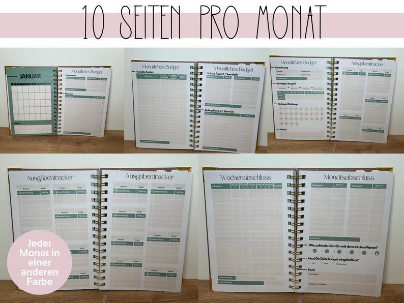 May include: A spiral-bound planner with pages featuring monthly budget, expense tracker, and weekly/monthly summary sections. The planner has a gold spiral binding and includes the text "10 SEITEN PRO MONAT" at the top. Each month is a different color.