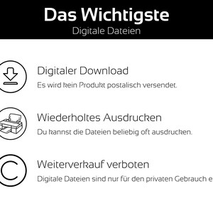 May include: A black and white graphic with the text "Das Wichtigste Digitale Dateien." The image includes icons for digital download, unlimited printing, and a prohibition on resale. The text explains the terms of use for digital files.