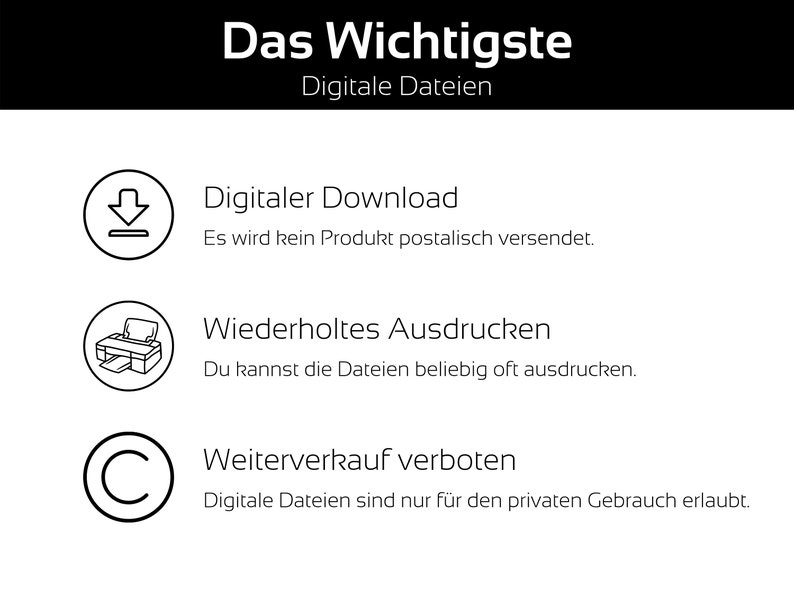 May include: A black and white graphic with the text "Das Wichtigste Digitale Dateien." The image includes icons for digital download, unlimited printing, and a prohibition on resale. The text explains the terms of use for digital files.