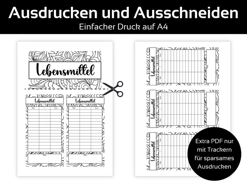 May include: Black and white printable food tracker sheets with the word "Lebensmittel" at the top. The sheets are designed to be cut out with scissors. The text "Ausdrucken und Ausschneiden" is at the top.
