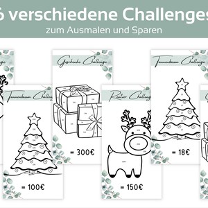 May include: Six black and white coloring pages featuring Christmas themes, including a reindeer, a Christmas tree, and presents. Each page has a number value and a price in Euros.