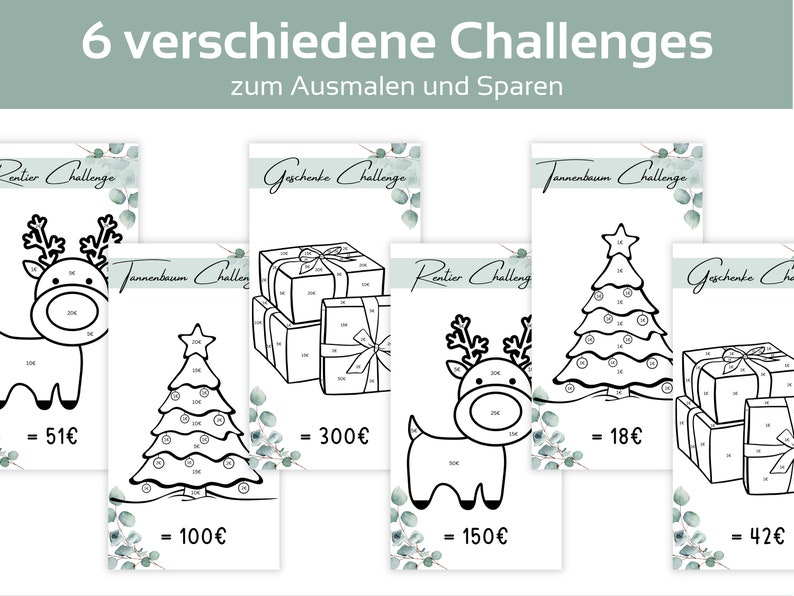 May include: Six black and white coloring pages featuring Christmas themes, including a reindeer, a Christmas tree, and presents. Each page has a number value and a price in Euros.