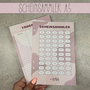 Könnte beinhalten: Ein rosa-weißes, druckbares Blatt mit dem Text "SCHEINSAMMLER A5" oben. Das Blatt ist in zwei Abschnitte unterteilt. Der linke Abschnitt enthält den Text "TRACK" und "Datum". Der rechte Abschnitt enthält ein Raster von Quadraten, in denen verschiedene Euro-Beträge in jedem Quadrat gedruckt sind. Der Gesamtwert der Euros beträgt 675 Euro.