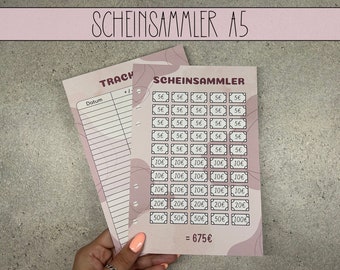 May include: A pink and white printable sheet with the text "SCHEINSAMMLER A5" at the top. The sheet is divided into two sections. The left section has the text "TRACK" and "Datum". The right section has a grid of squares with different denominations of Euros printed in each square. The total value of the Euros is 675 Euros.