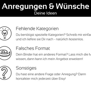 May include: White graphic with black text and icons. The text reads "Anregungen & W&uuml;nsche Deine Ideen" and includes sections on missing categories, incorrect formats, and other inquiries. Contact Etsy for questions.