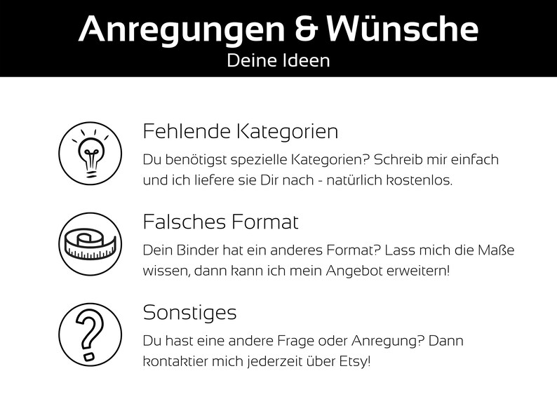 May include: White graphic with black text and icons. The text reads "Anregungen & W&uuml;nsche Deine Ideen" and includes sections on missing categories, incorrect formats, and other inquiries. Contact Etsy for questions.