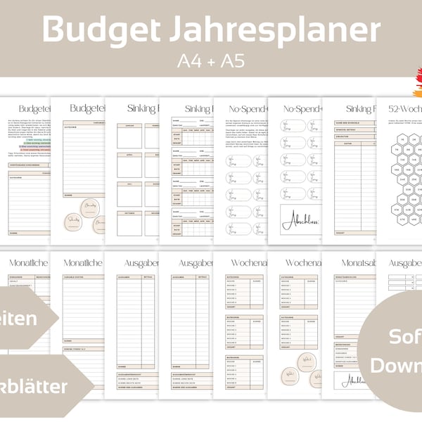 Budget annual planner 144 pages, German A4+A5, 12 months including instructions, financial planner to print out, household book, monthly budget, PDF