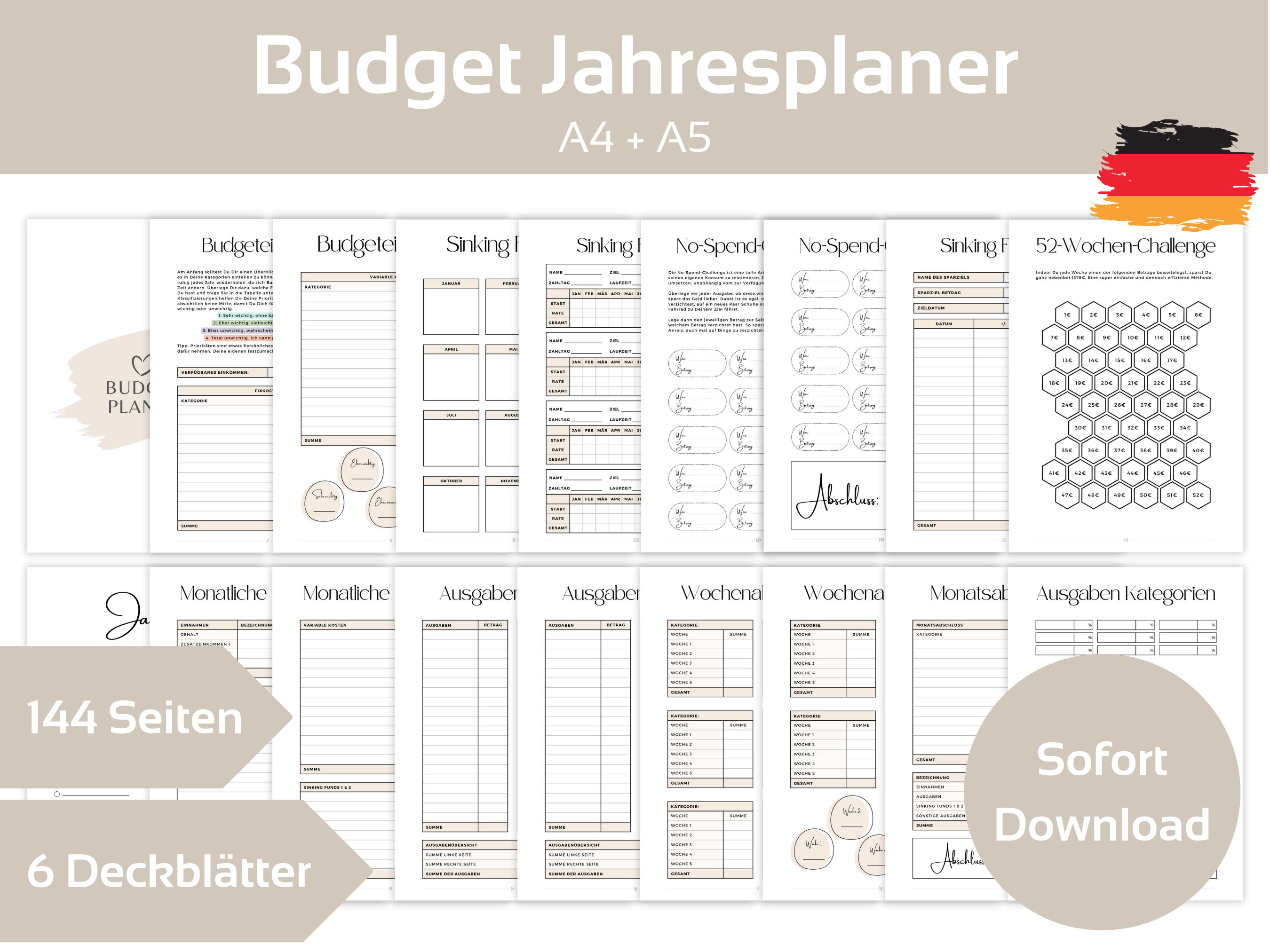 Budget Jahresplaner 144 Seiten, Deutsch A4+A5, 12 Monate inkl Anleitung