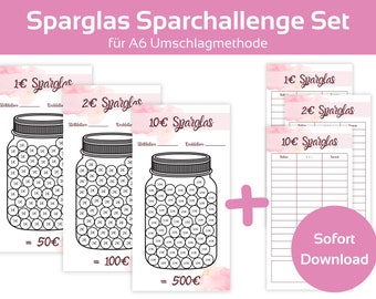 May include: A set of printable money saving challenge charts featuring jars with different denominations of coins. The charts are designed for the envelope method of saving money. The text on the charts reads "1€ Sparglas", "2€ Sparglas", "10€ Sparglas", "Sofort Download".