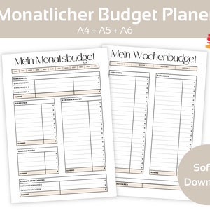 Puede incluir: Un planificador de presupuesto imprimible en alemán, con el texto "Monatlicher Budget Planer" y "Mein Monatsbudget" y "Mein Wochenbudget". El planificador está disponible en tamaños A4, A5 y A6.