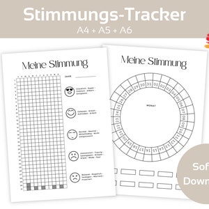 May include: Black and white printable mood tracker with two different designs. The first design is a grid with 31 squares and four different emojis representing different moods. The second design is a circle with numbers 21 through 31 and 1 through 10. The text "Meine Stimmung" is at the top of each design. The text "Sofort Download" is at the bottom right of the image.