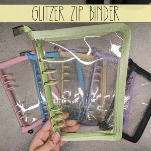 A6 Glitter Zip Budget Binder Transparent, with or without A6 Zip Slides, various colors