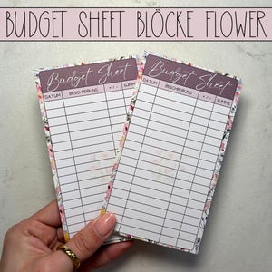 May include: Two pink and white floral budget sheets with the text "Budget Sheet" printed on each. The sheets have columns for date, description, plus or minus, and sum.
