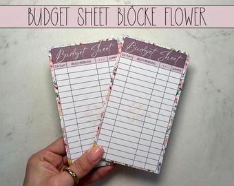 May include: Two pink and white floral budget sheets with the text "Budget Sheet" printed on each. The sheets have columns for date, description, plus or minus, and sum.