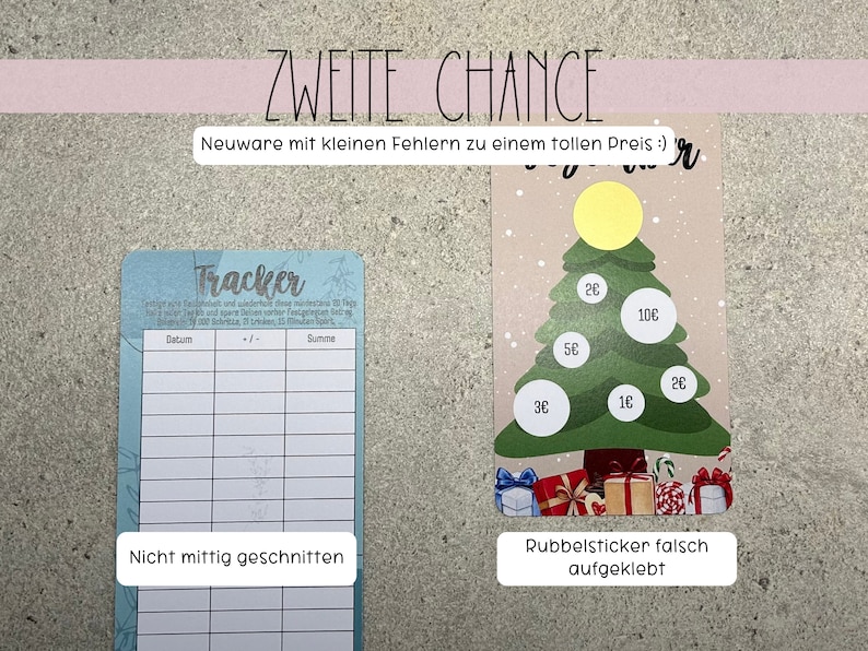 May include: A blue and white tracker with a grid for tracking dates, amounts, and totals. The tracker is labelled "Tracker". A Christmas tree with a yellow star on top and various price stickers on the branches. The text "Zweite Chance" is at the top of the image. The text "Neuware mit kleinen Fehlern zu einem tollen Preis :)" is below the text "Zweite Chance". The text "Nicht mittig geschnitten" is below the tracker. The text "Rubbelsticker falsch aufgeklebt" is below the Christmas tree.