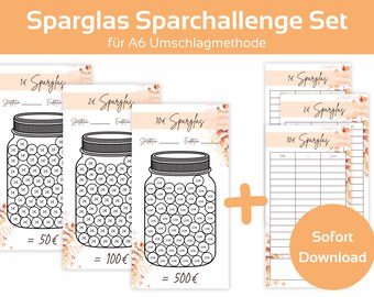 May include: A printable set of three money jar challenge trackers with a peach and white watercolour background. The trackers are for saving £1, £2, and £10. Each tracker has a jar with a total amount of £50, £100, and £500. The set also includes three blank printable trackers for recording savings.